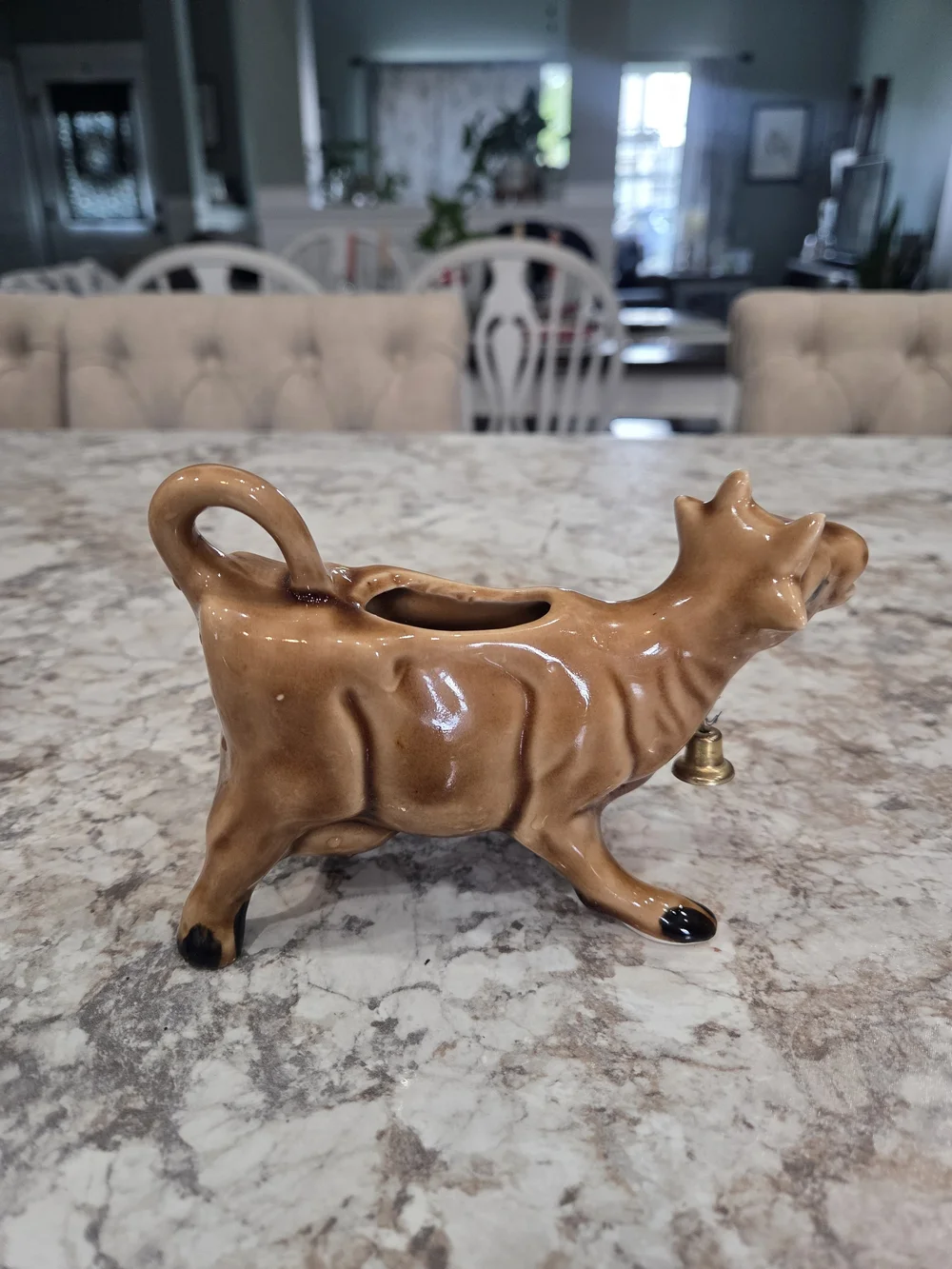 Vintage Original Ceramic Creamer Brown Cow with Metal Cowbell Figurine -So Cute